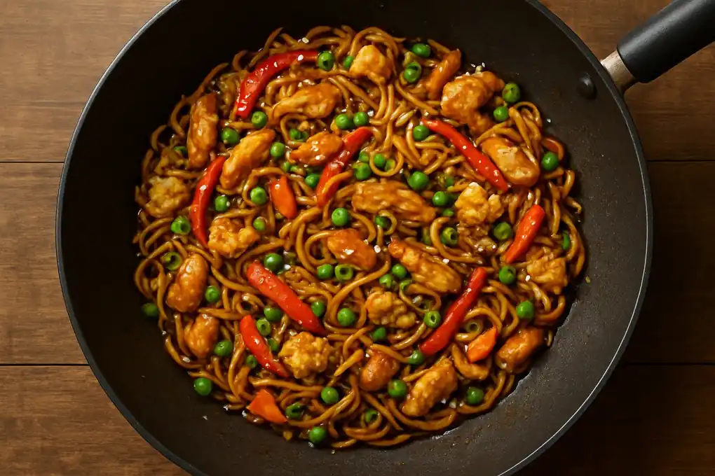 Aziatische wokmie met kipfilethaasjes, bloemkool, puntpaprika en doperwten in ketjap-gembersaus