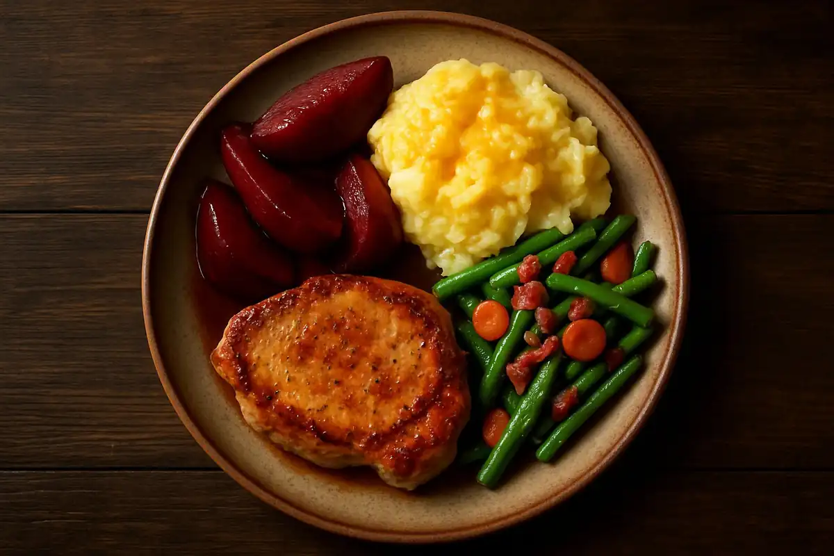 Gebakken ribkarbonade met rode-wijnstoofpeertjes, aardappelpuree met oude kaas en sperziebonen met spekjes