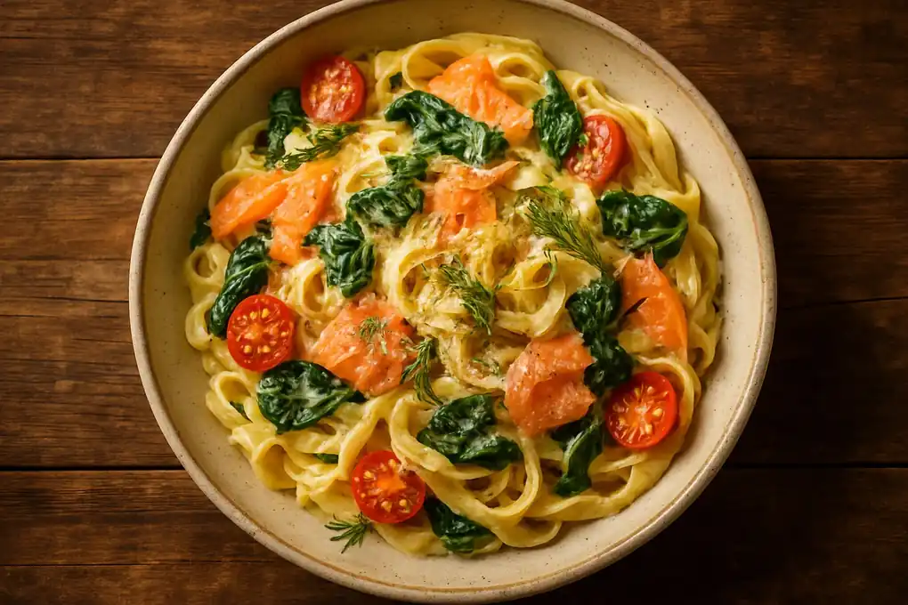 Romige tagliatelle met gerookte zalm, spinazie, snoeptomaatjes en citroen-roomkaassaus