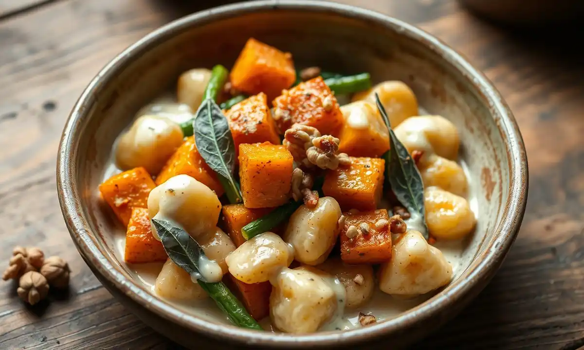 Krokant gebakken gnocchi met pompoen, sperziebonen en romige Goudse kaassaus