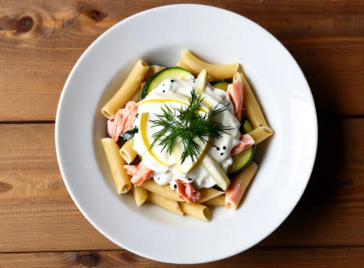 Penne met gerookte zalm, courgette en citroenroomsaus — AI recept