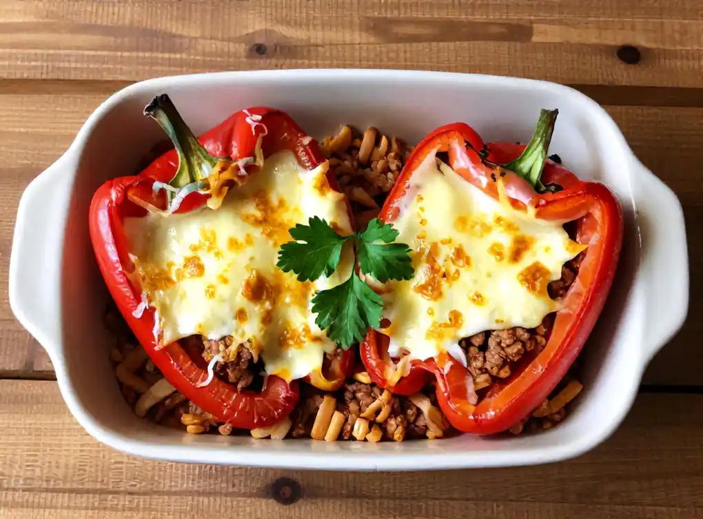 Gevulde paprika's met gehakt, rijst en gesmolten kaas — AI recept