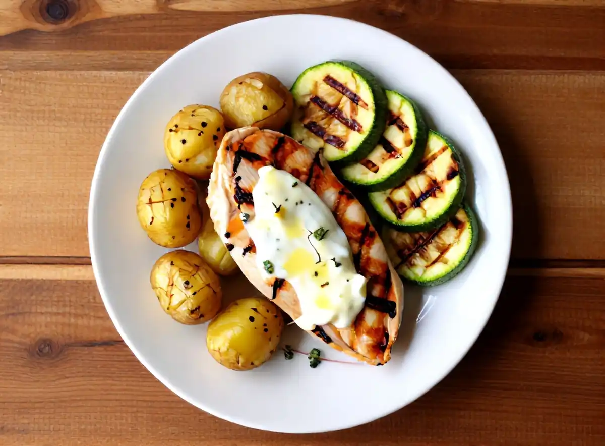 Gegrilde kipfilet met citroen-knoflookboter, nieuwe aardappelen en courgette — AI recept