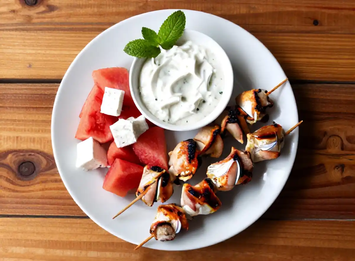 Griekse kipspiesjes met watermeloensalade en fetayoghurt — AI recept