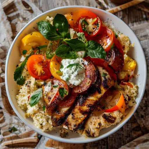 Gegrilde kipfilet met zomerse couscous, geroosterde paprika en tzatziki