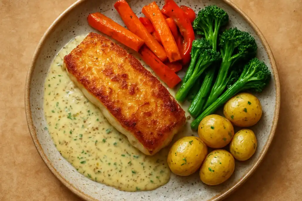 Gebakken kabeljauwfilet met mosterd-dillesaus, geroosterde winterpeen en paprika en broccoli met bimi