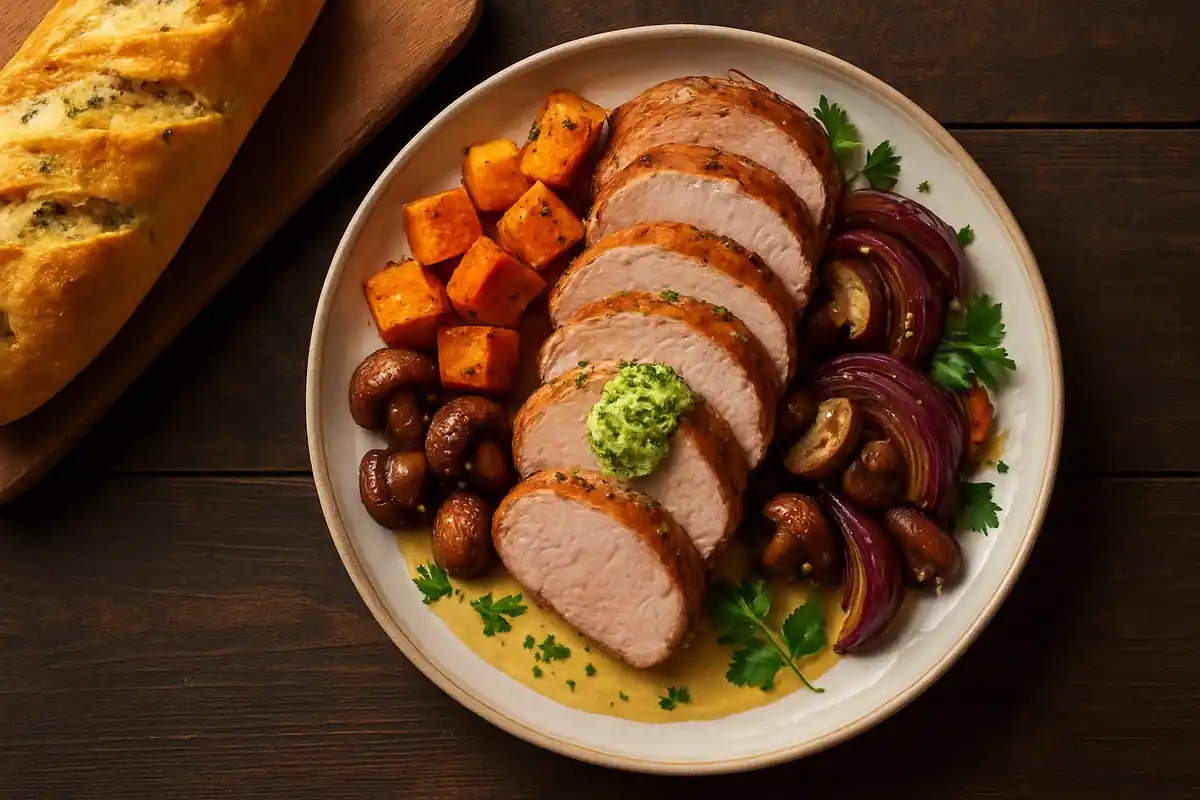 Varkenshaas uit de oven met kruidenboter, pompoen en champignons, en knapperig kruidenboterstokbrood — AI recept