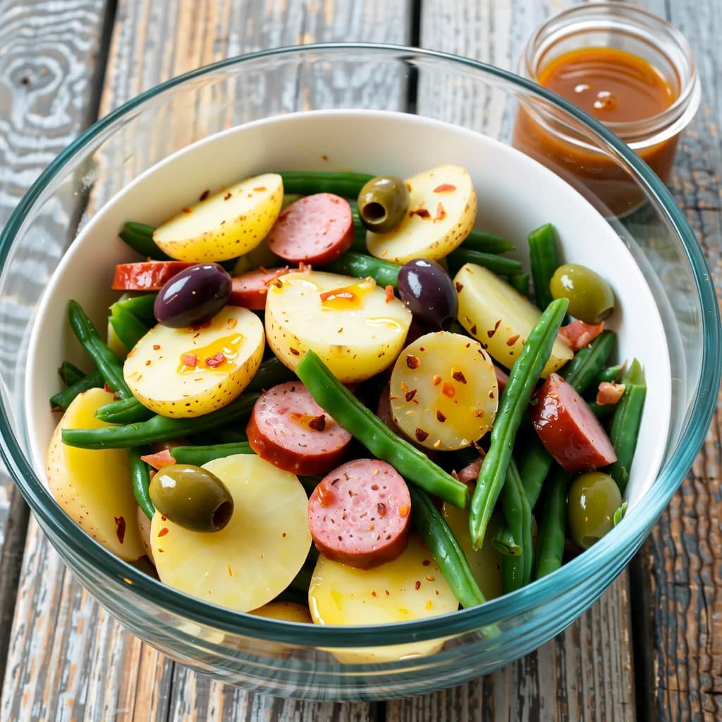 Griekse Aardappel- en Sperziebonen Salade met Rookworst